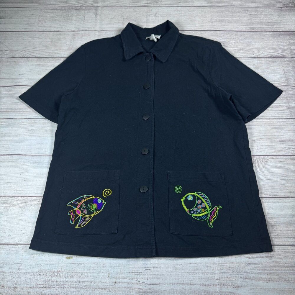 Vintage Fine Line Embroidered Colorful Fish Button Blouse Top Shirt Size L USA